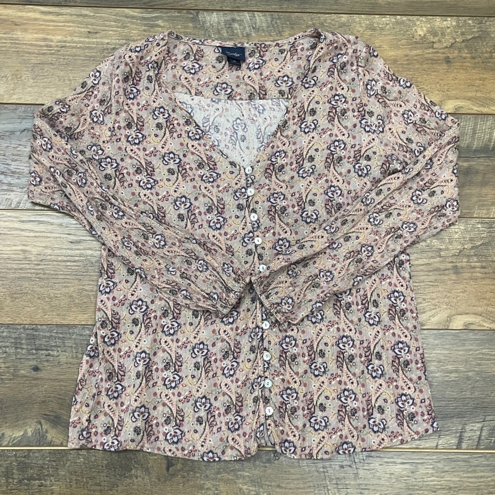 Daytrip Womens M Mauve Floral Paisley Metallic Button Up Blouse Top Boho Western
